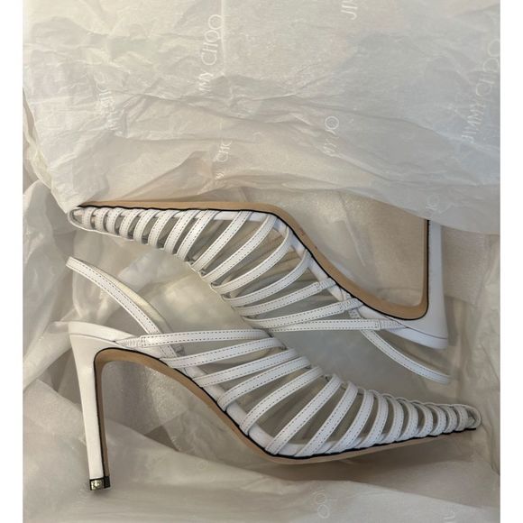 Jimmy Choo Thu 85 White Nappa Leather Sling Back Heels with Horizontal Straps - Picture 14 of 16